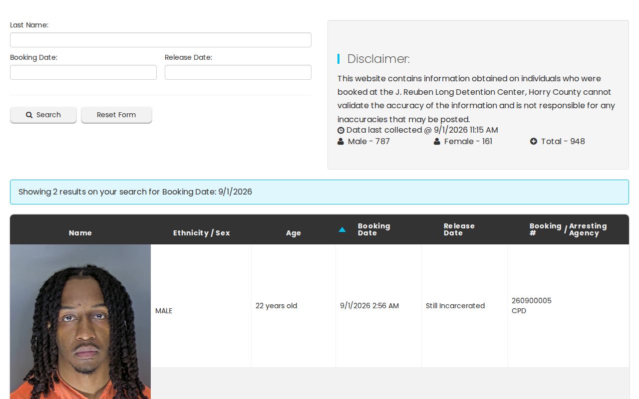 Horry County residents directory Bookings and Releases search screen