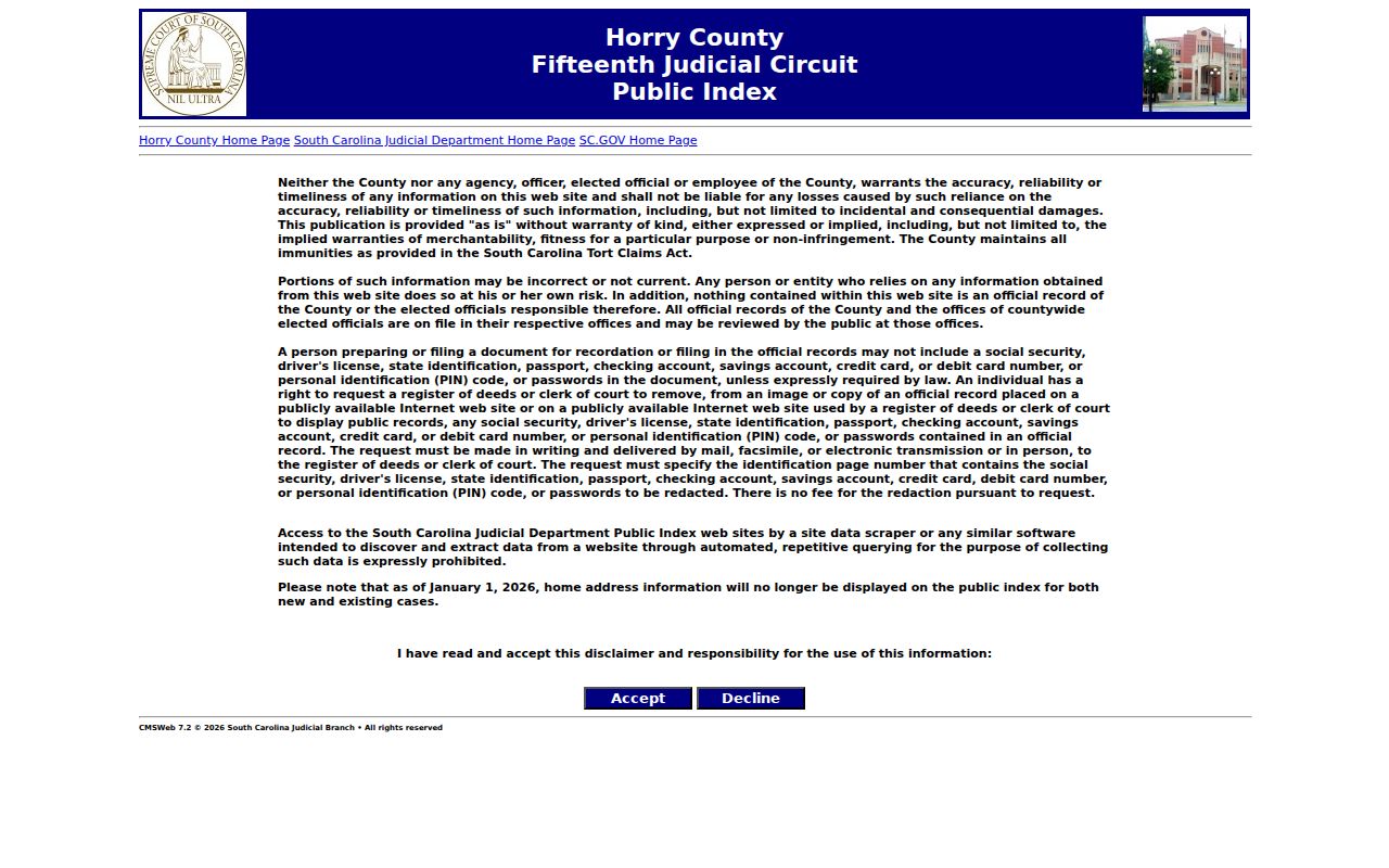 Horry County residents directory Fifteenth Circuit Public Index case search