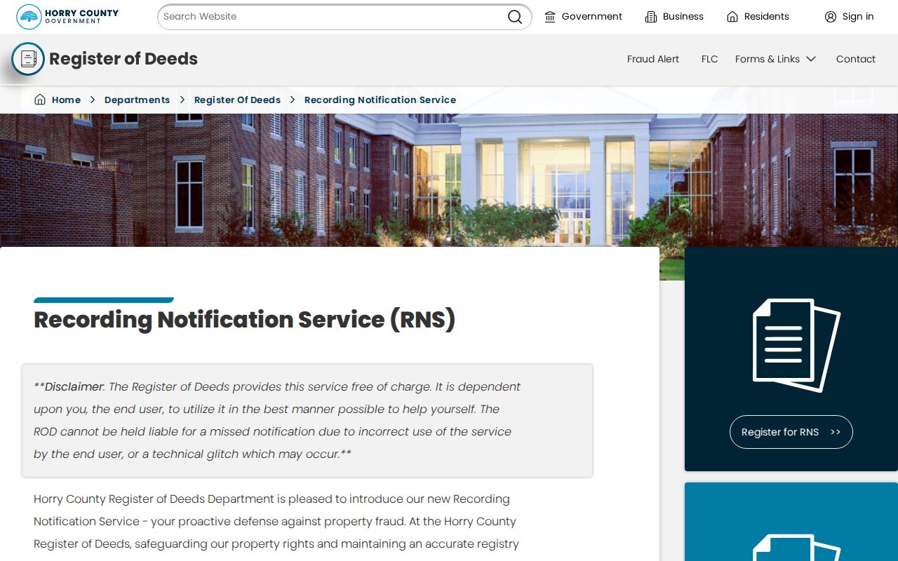 Horry County residents directory Register of Deeds recording notification service