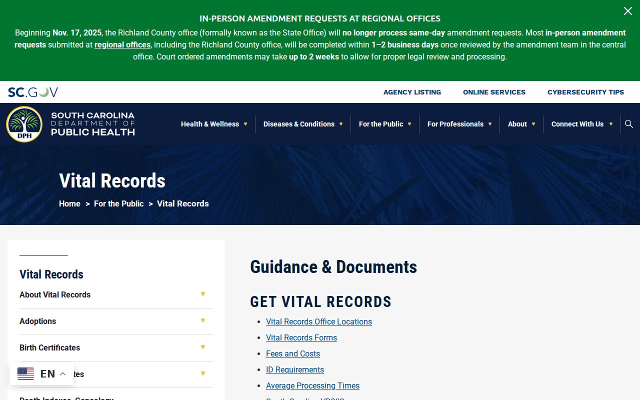 Horry County residents directory South Carolina DPH vital records services